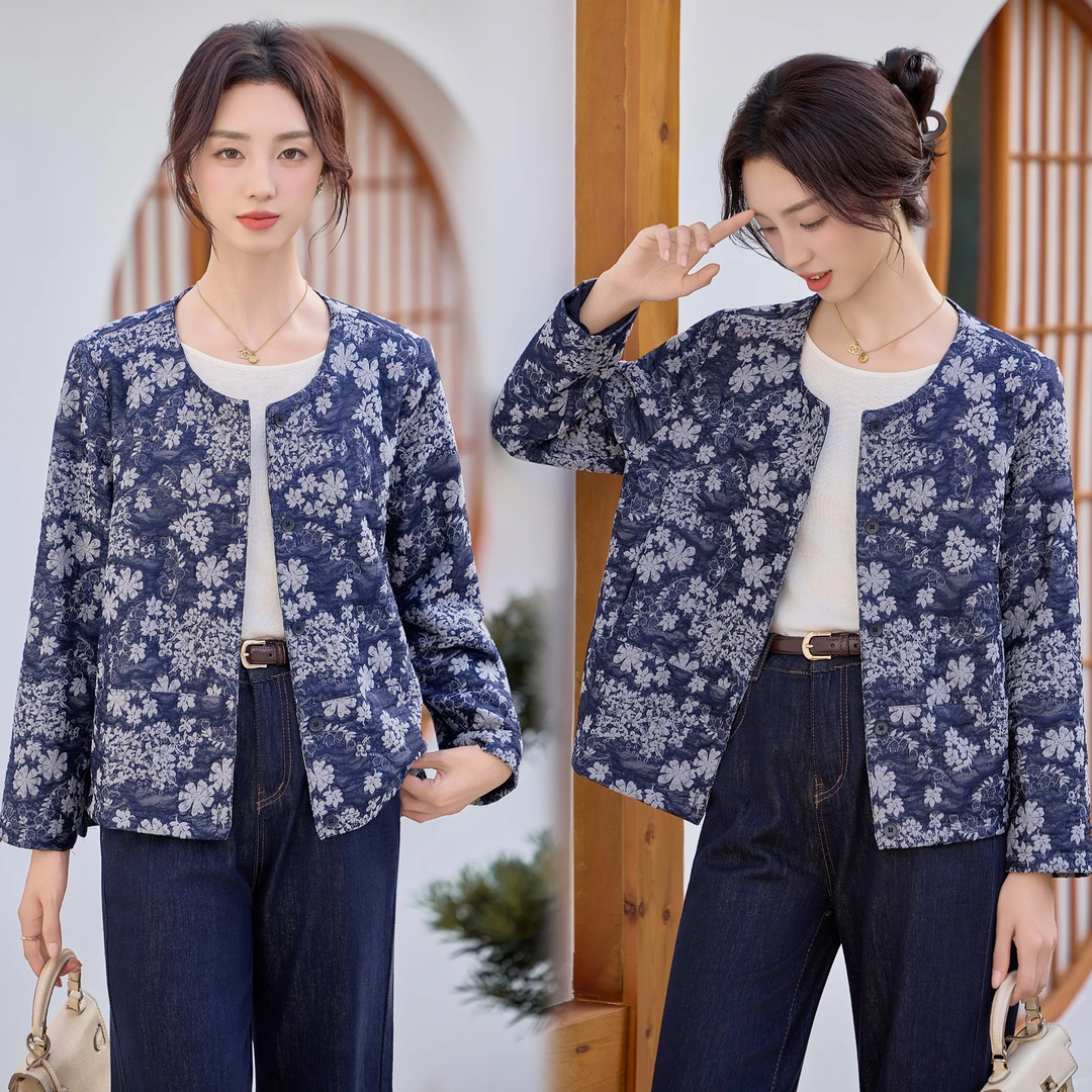 新中式国风提花短外套女2025春秋新款宽松圆领开衫外搭小个子上衣