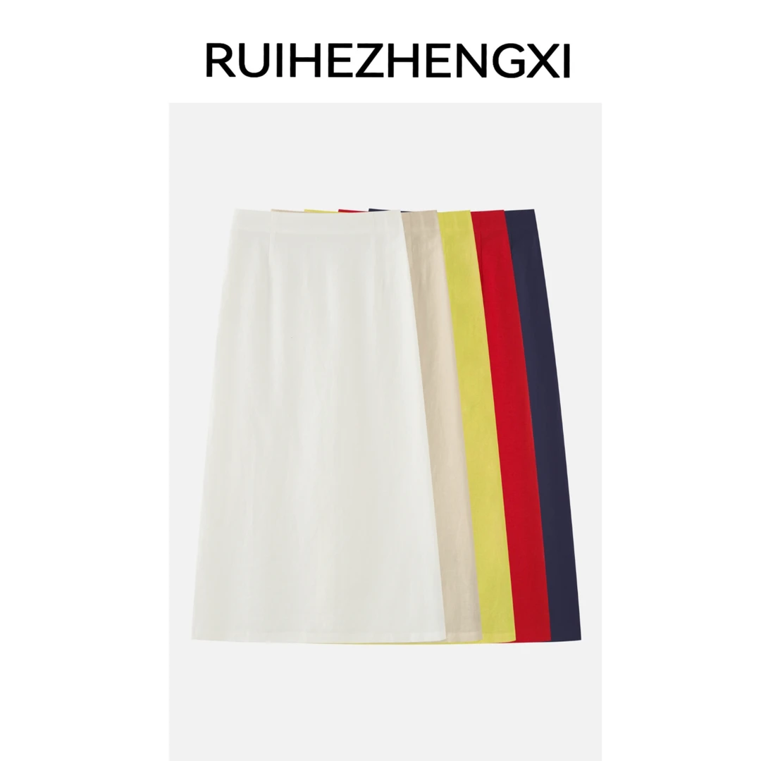 【NO退换】｜瑞和正熙954018百搭100%纯色亚麻A字型显瘦开衩半裙