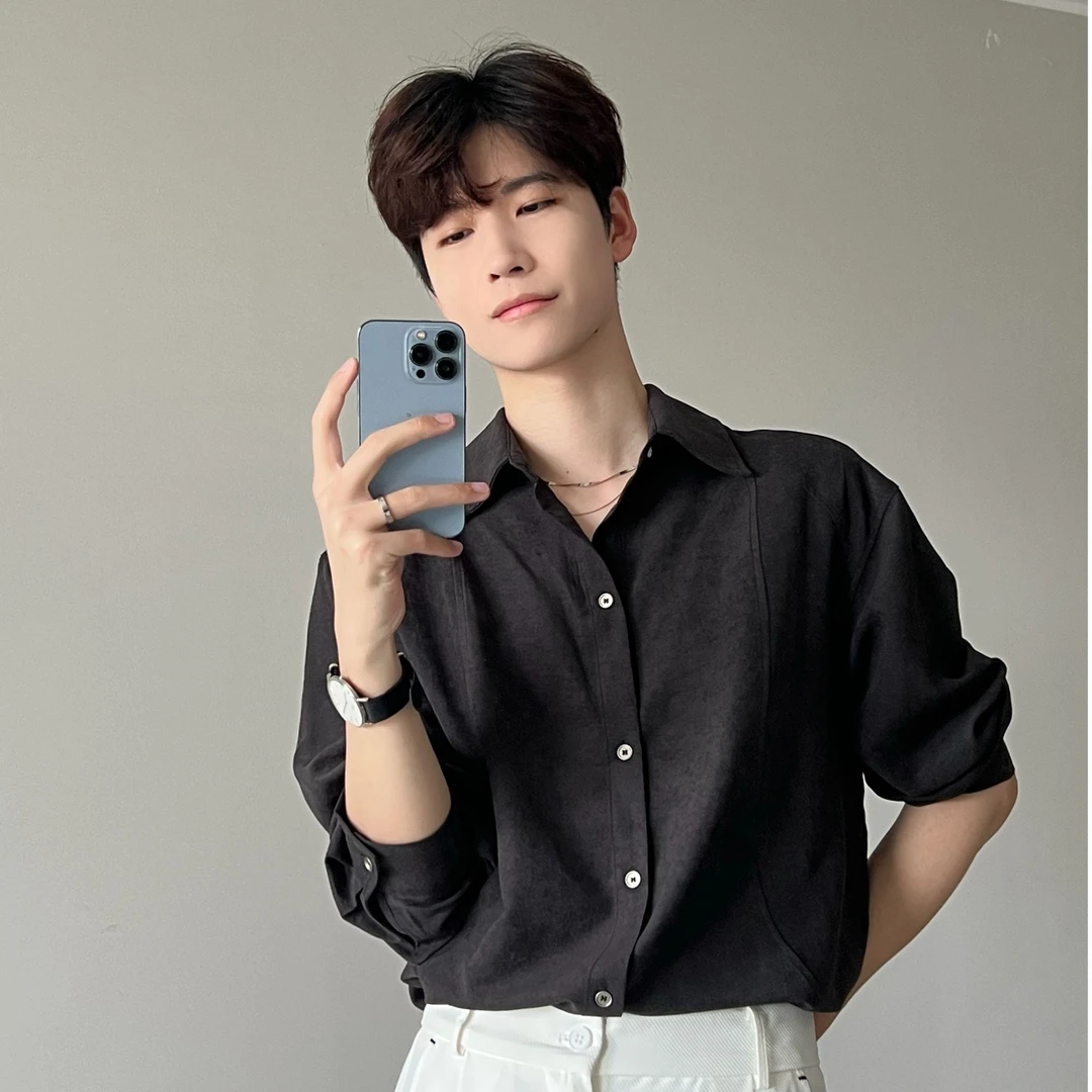 乔沐推荐薄款韩系宽松纯色长袖衬衫男装高级感潮流禁欲免烫衬衣