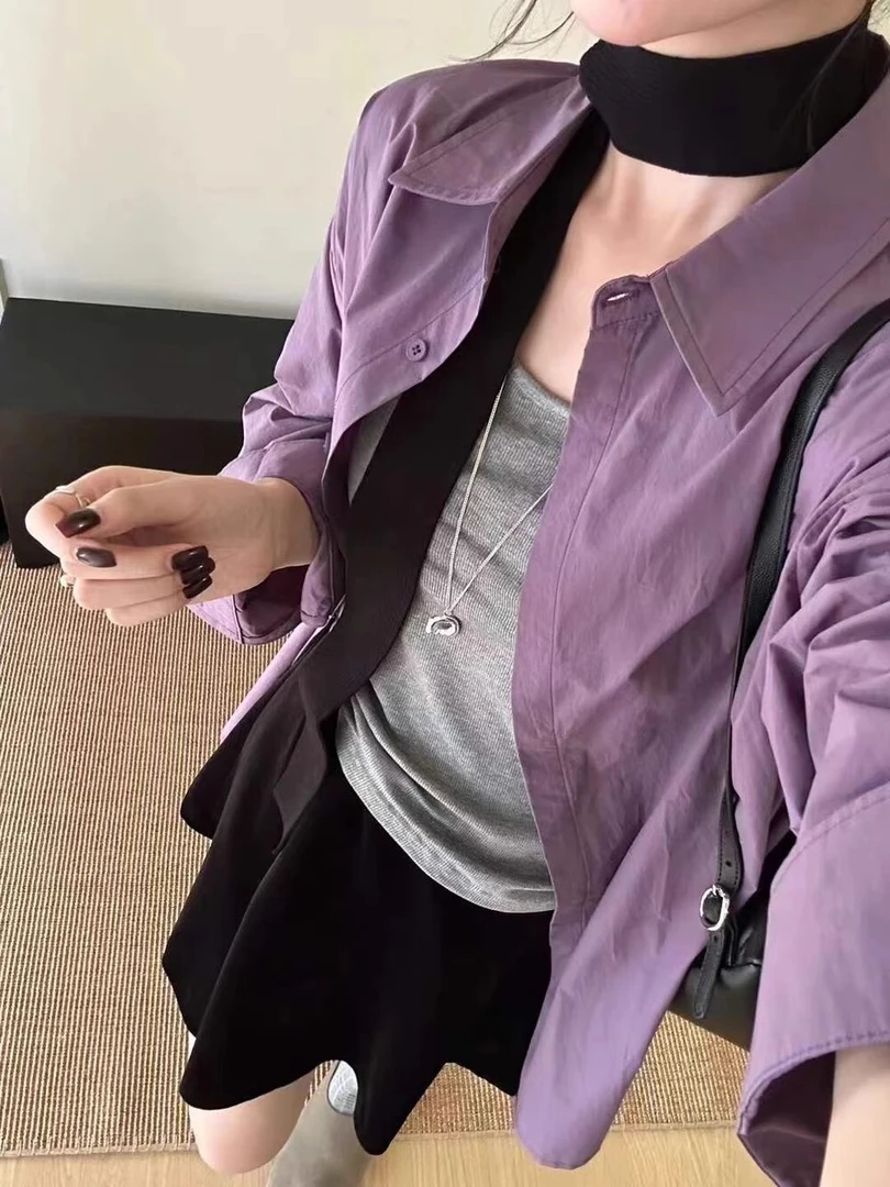 八爪娘娘-------休闲百搭衬衣早秋紫色男友风长袖外搭衬衫女