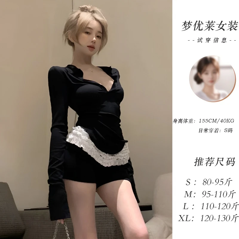 梦优莱黑色性感辣妹风拼接半开领长袖T恤女春秋冬季修身显瘦上衣