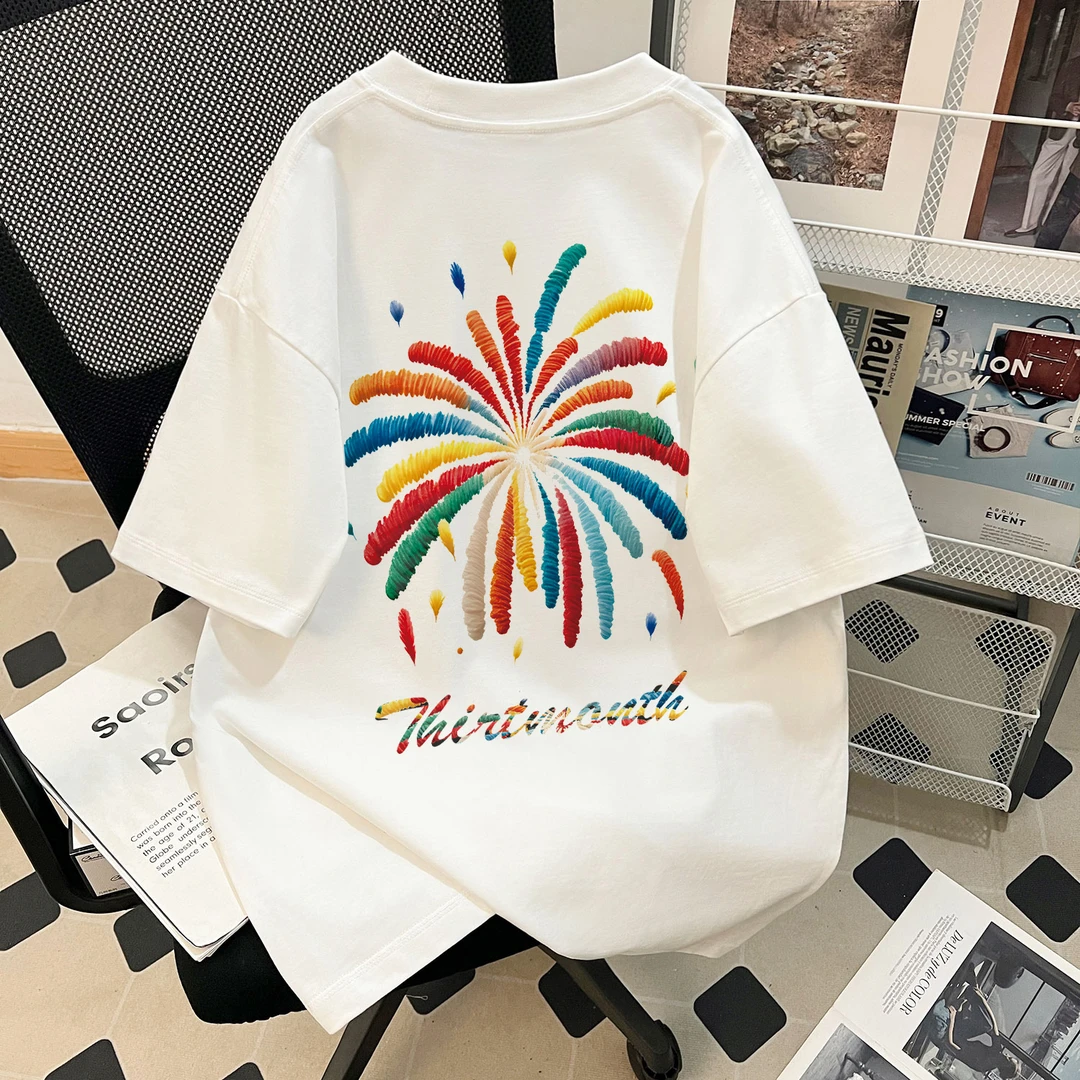 2025夏季新款纯棉短袖T恤女童潮牌创意烟花中大童宽松半袖上衣潮