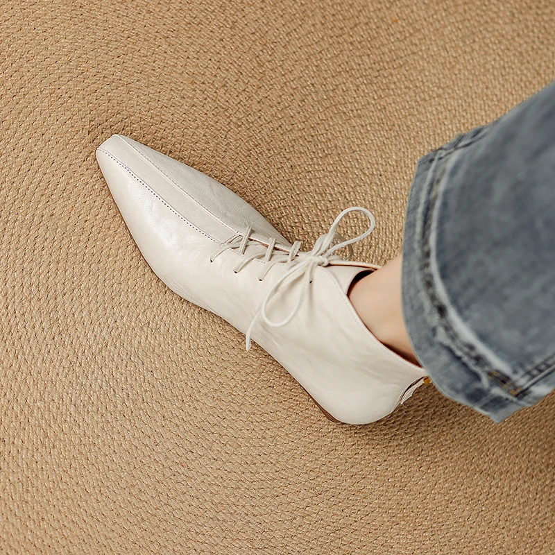 软羊皮/2cm/质感尖头系带短靴时尚单靴秋冬季低跟休闲百搭神靴