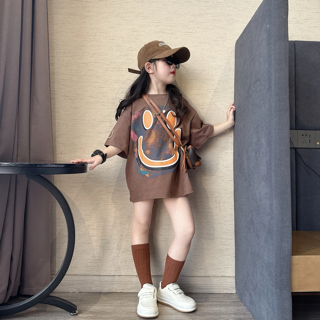 女童夏季休闲宽松T恤裙中大童短袖大版T恤衫