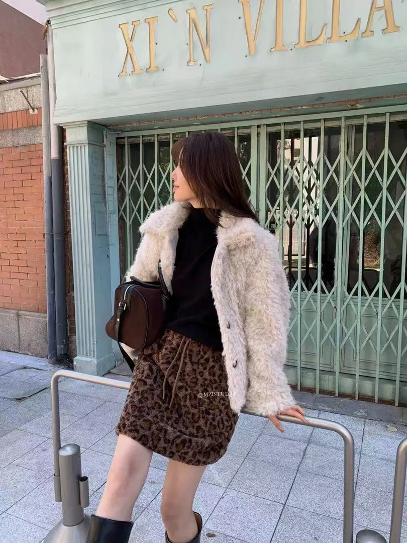 小众韩系复古显瘦豹纹半身裙女冬季中腰抽绳a字包臀裙（081-C）