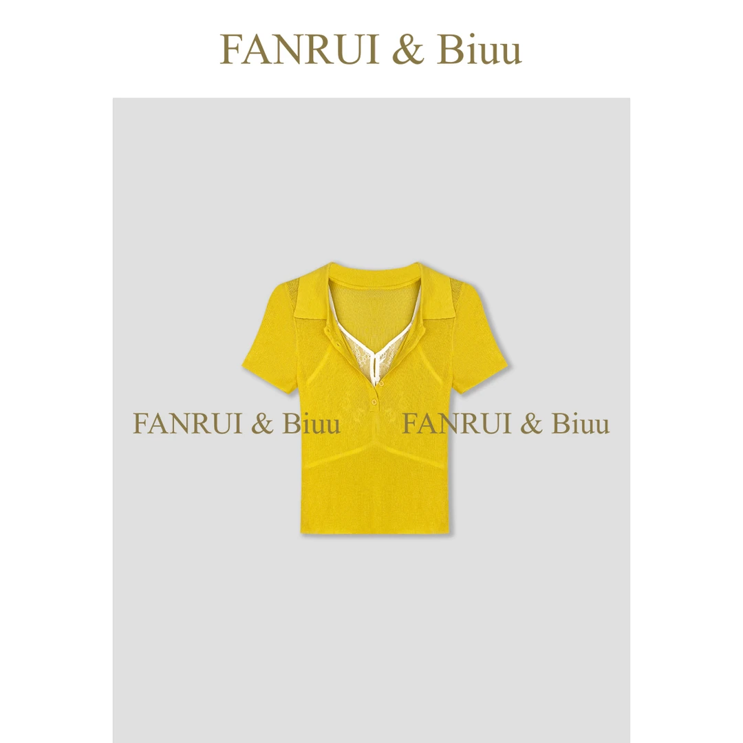 FANRUI/泛芮「糖飒」甜辣小众设计感纯色蕾丝拼接短袖上衣女B17141