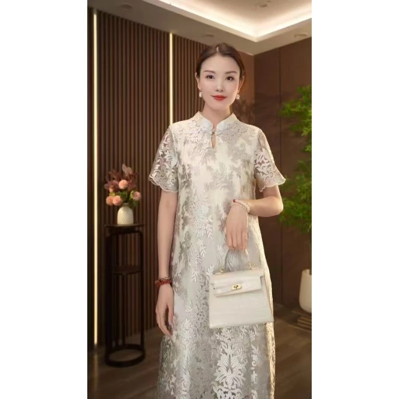【花锦轻奢】优雅气质新中式重工刺绣连衣裙中国风复古夏季提花绣花