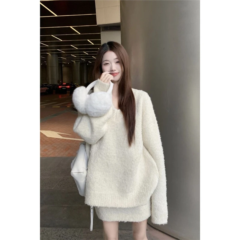 其他100%温柔软糯套装女秋冬季新款宽松休闲保暖长袖毛衣高腰半身