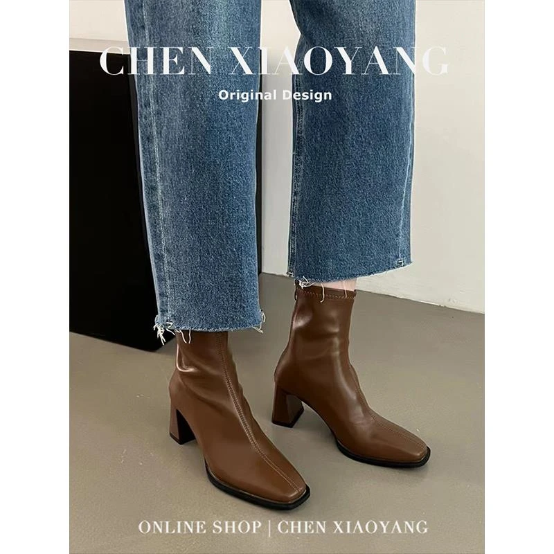 【CBMT旗舰店】正品方头瘦瘦靴法式短靴女2025新款单靴复古烟筒靴