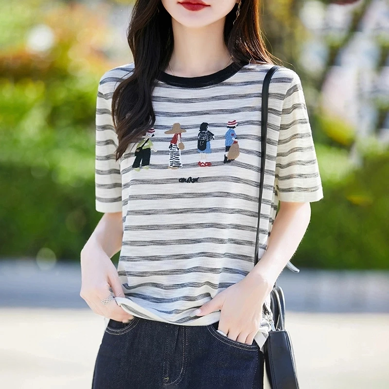 25年新款100天丝莱赛尔刺绣圆领条纹短袖女夏季宽松百搭T恤
