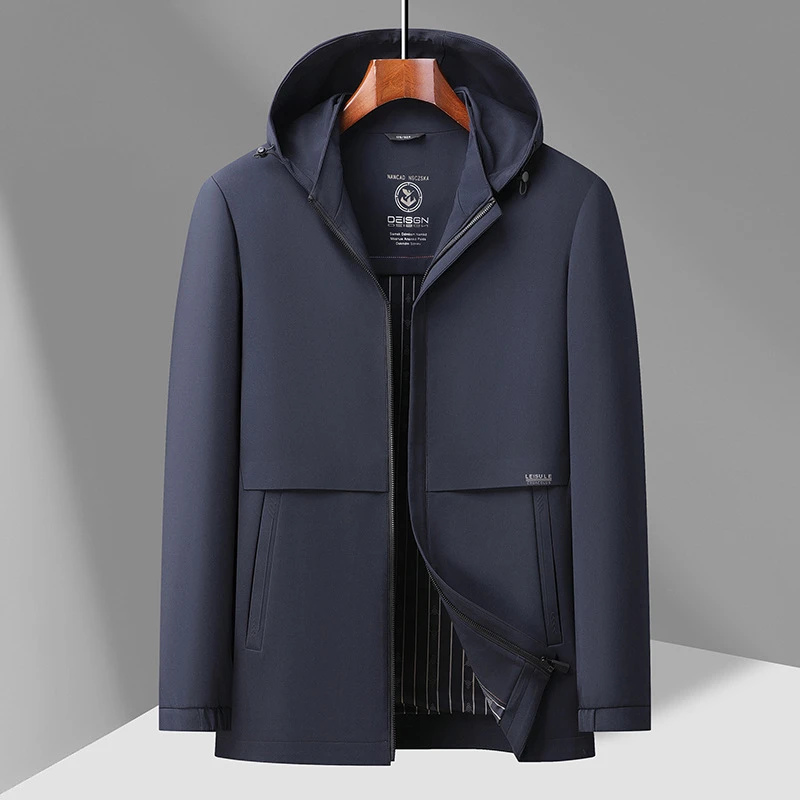 2025春秋款爸爸装可脱卸帽上衣纯色大码商务休闲中老年男装夹克衫