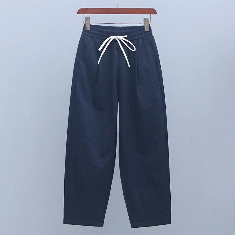 2025年夏季宽松薄款九分裤松紧腰显瘦深色系带休闲裤女士束脚裤子