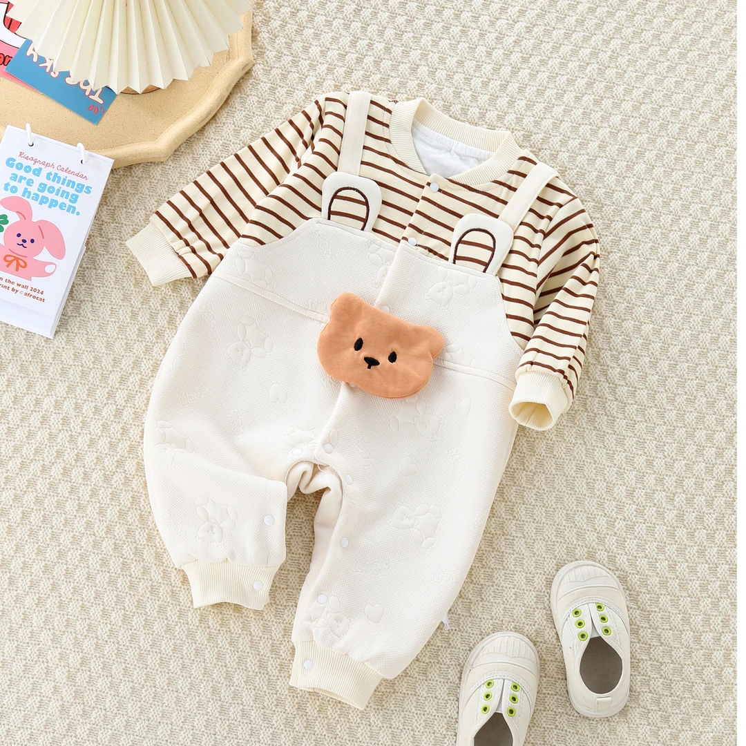 婴幼儿时尚绅士假两件熊头春秋长袖双层连体哈衣萌趣可爱