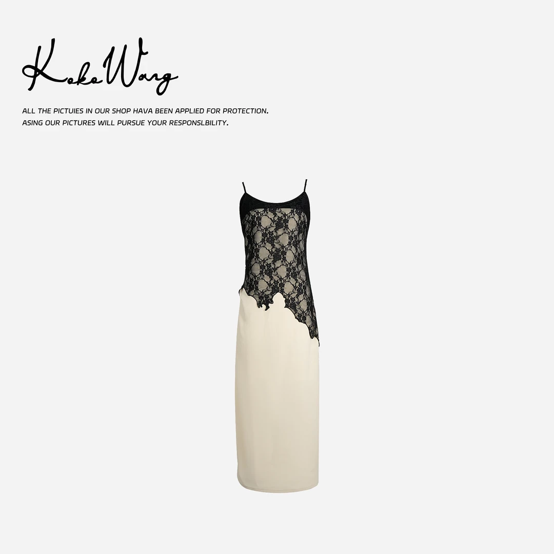 KOKO WANG新款三醋酸性感蕾丝撞色显瘦吊带连衣裙412445B15Q41
