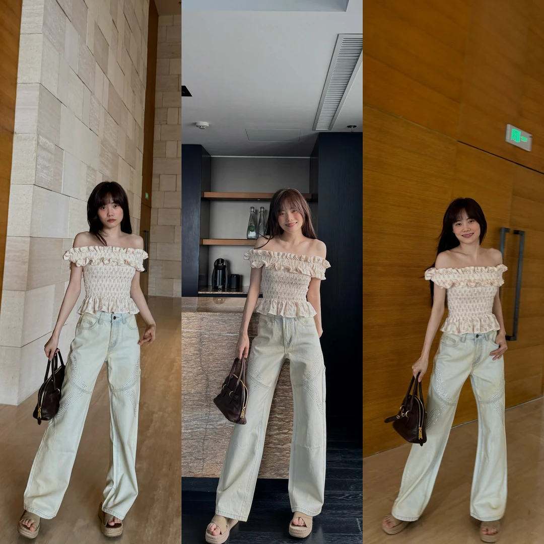 JINGDL【未来的梦】89.2%棉美式四季复古洗水烫钻坠珠直筒牛仔裤