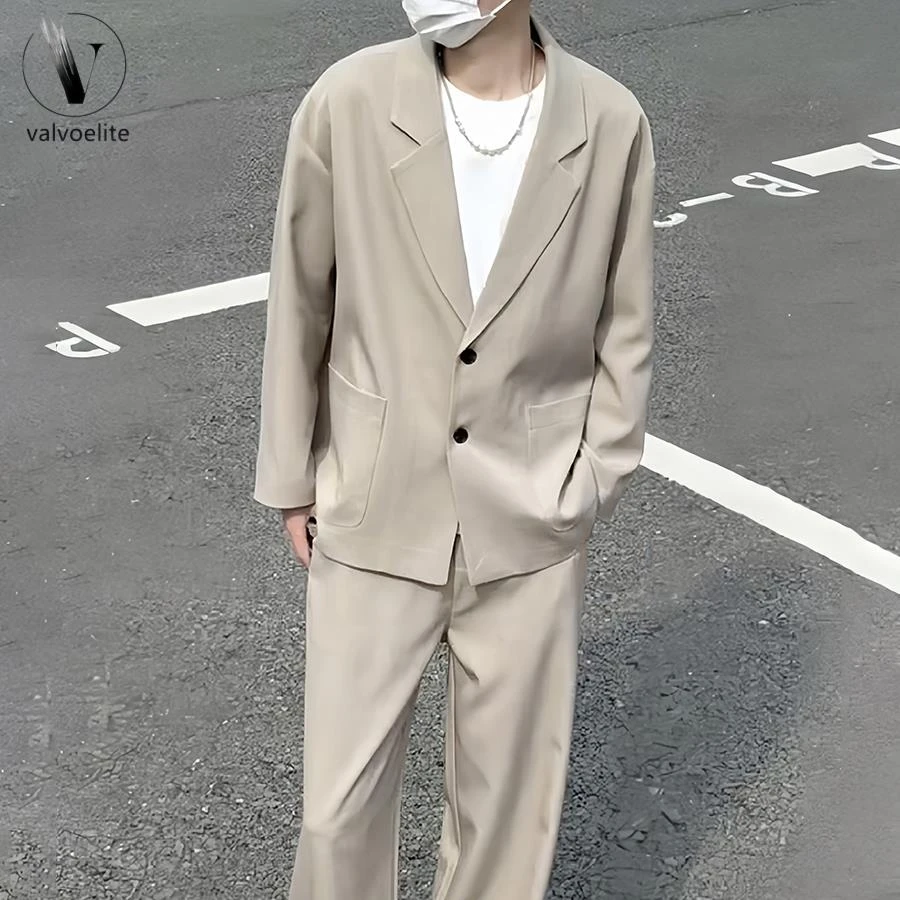 痞帅慵懒风男装搭配西装套装男休闲两粒扣中款西服宽松帅气直筒阔