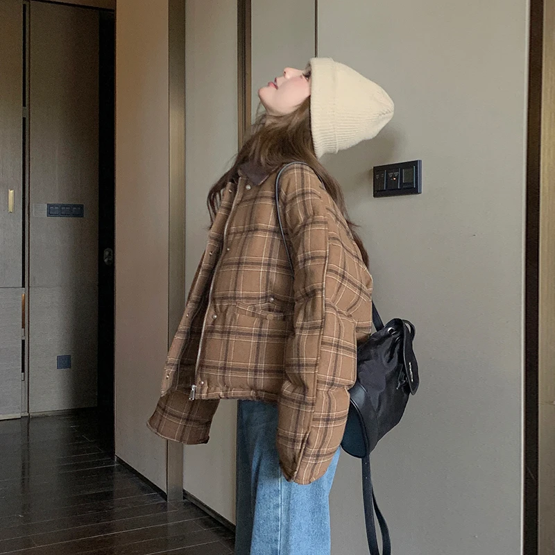 咖色格子翻领棉服棉衣外套女2025冬季宽松休闲小个子棉袄面包服短