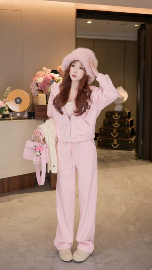 慵懒休闲运动风套装加厚加绒连帽宽松卫衣高腰休闲长裤秋冬套装