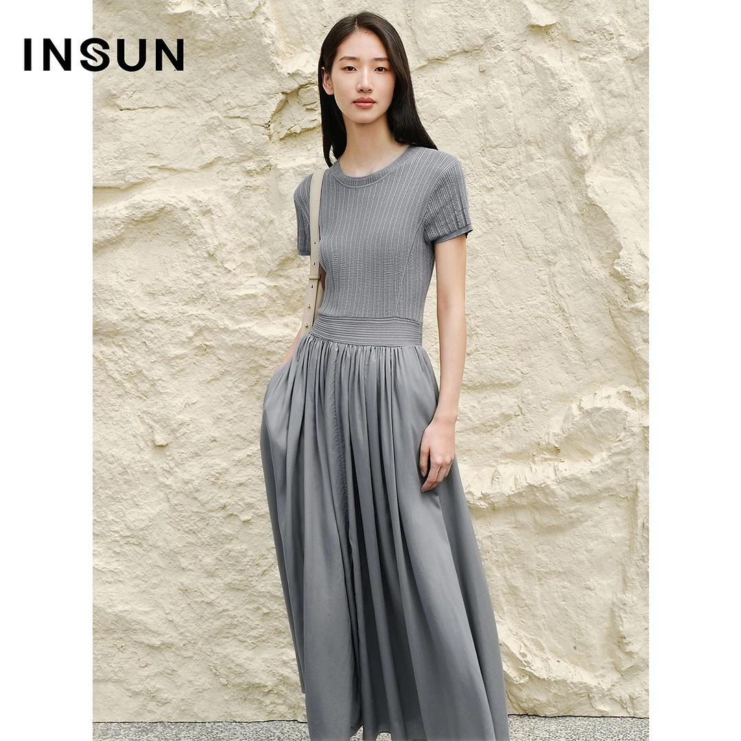 INSUN恩裳专选2025夏季针织拼接A字垂感长裙