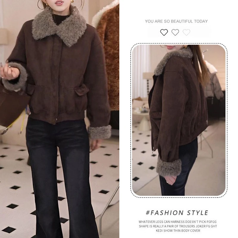 韩系皮毛一体羊羔毛短外套女冬季宽松显瘦加绒加厚小个子夹克上衣