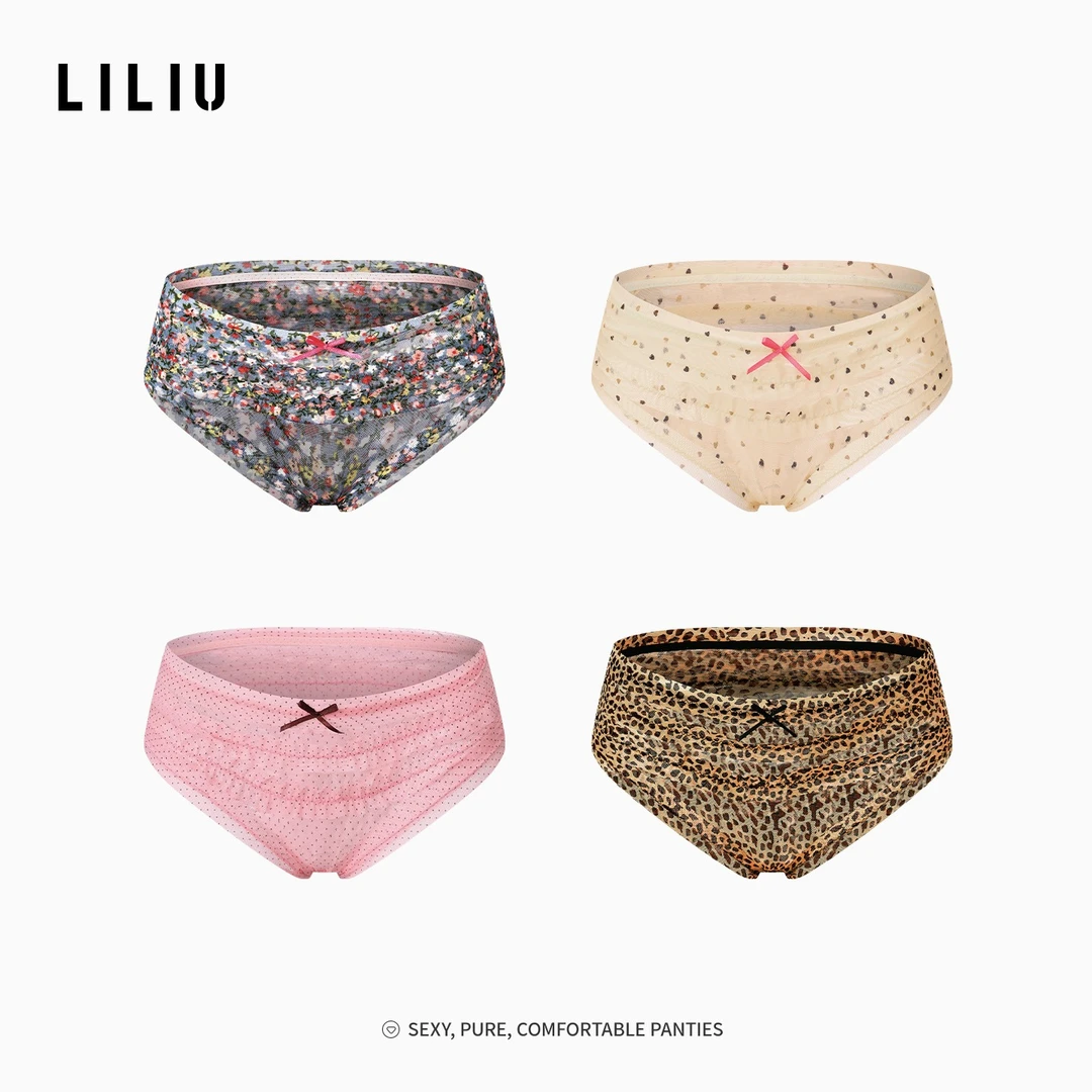 LILIU|涩谷辣妹·复古碎花豹纹内裤女蕾丝网纱纯欲性感三角裤女士