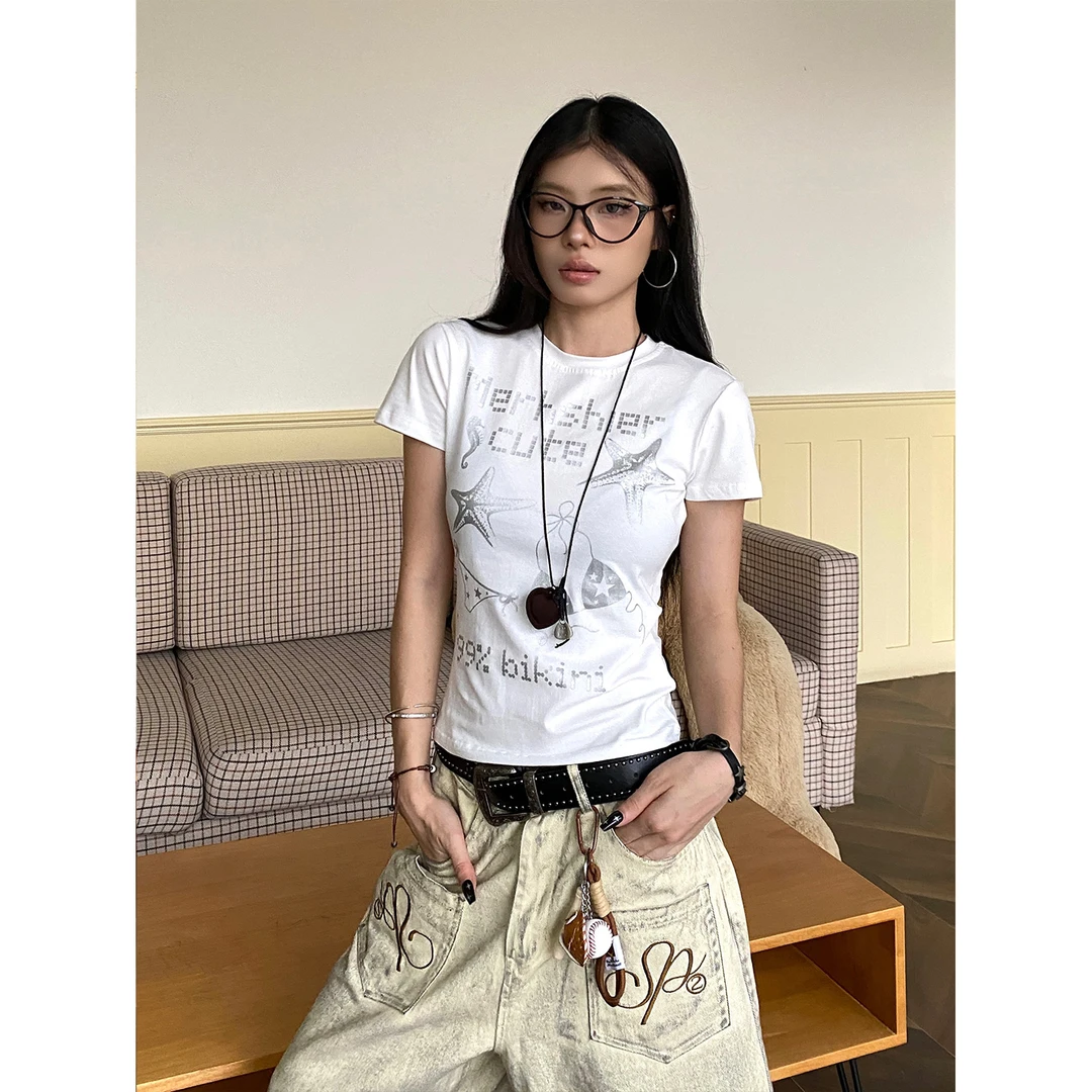 NOWANDHERE美式印花短袖T恤女y2k手绘星星辣妹修身显瘦短款上衣
