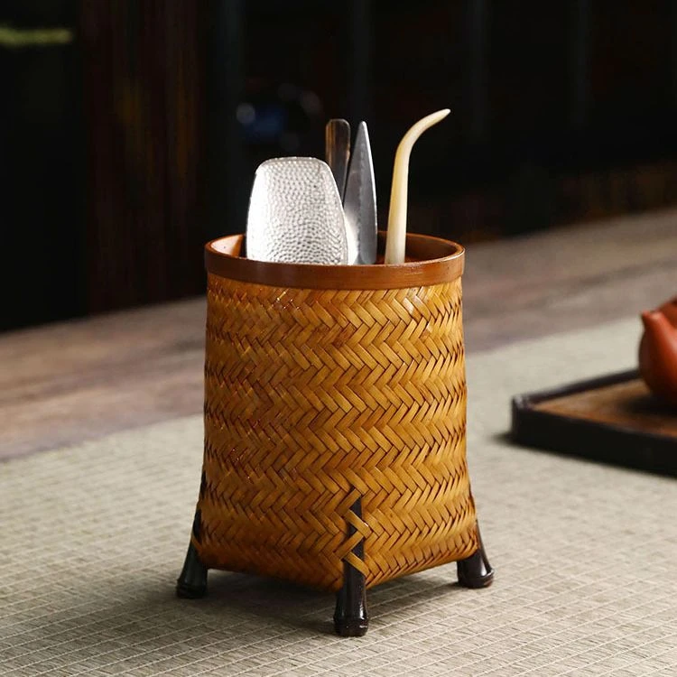 竹编大漆笔筒手工六君子茶筒 复古收纳筒 茶则茶针茶夹茶道零配件