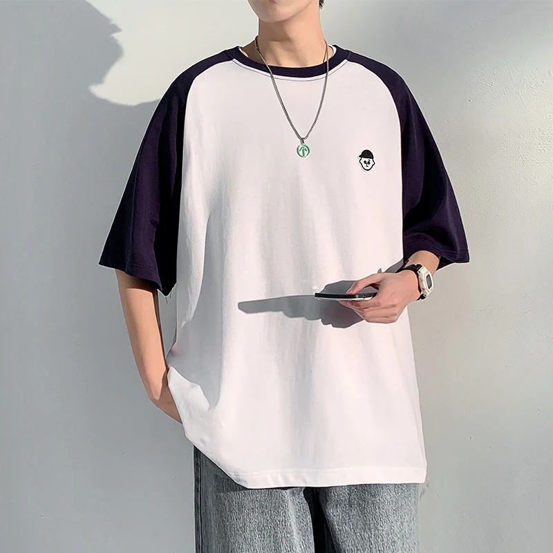 2025夏季新款少年感插肩袖T恤打底衫男宽松拼接袖短袖ins潮流薄款