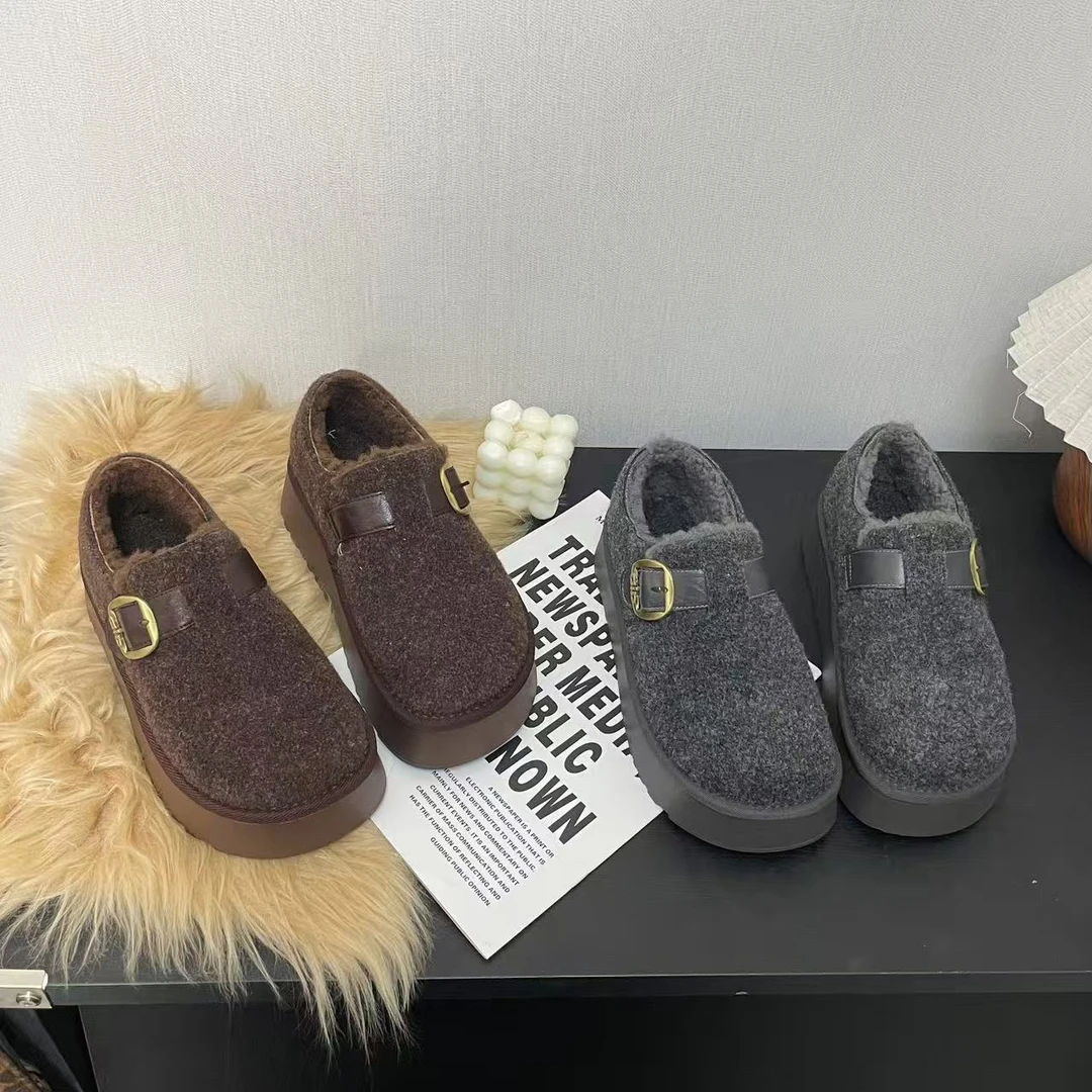 5CM厚底毛呢勃肯鞋女2025新款爆款冬季加绒单鞋复古百搭一脚蹬