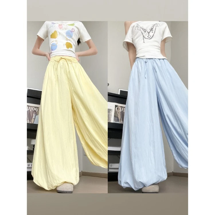 黄色慵懒风花苞裙裤女夏季2025新款休闲高腰小个子宽松灯笼阔腿裤