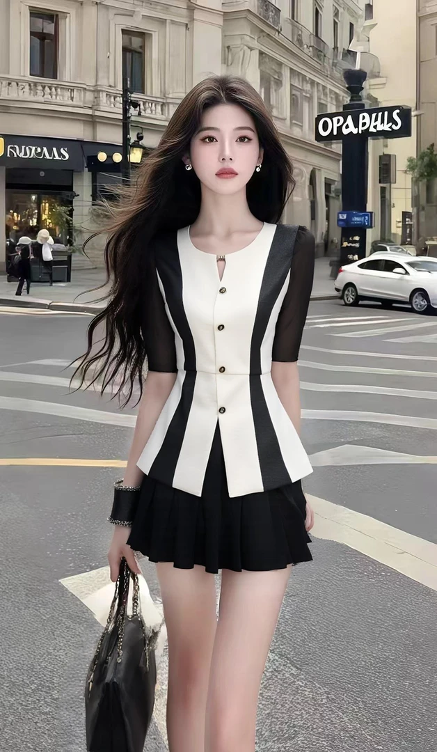 夏季新款时尚黑白撞色圆领短袖修身收腰上衣+黑色百搭显瘦半身裙