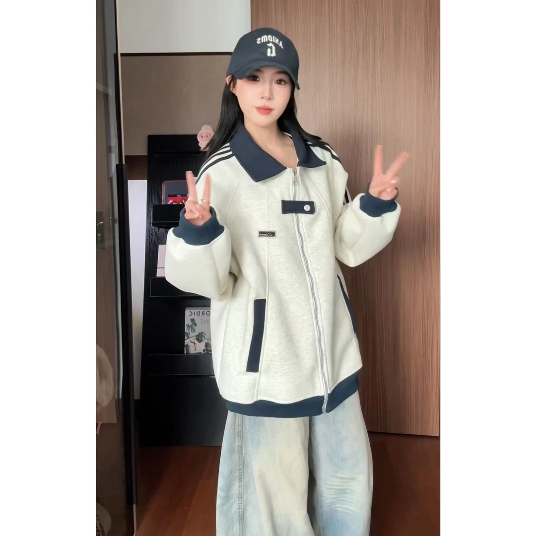 美式拼接运动夹克男秋季重磅潮牌百搭情侣外套高街痞帅条纹棒球服