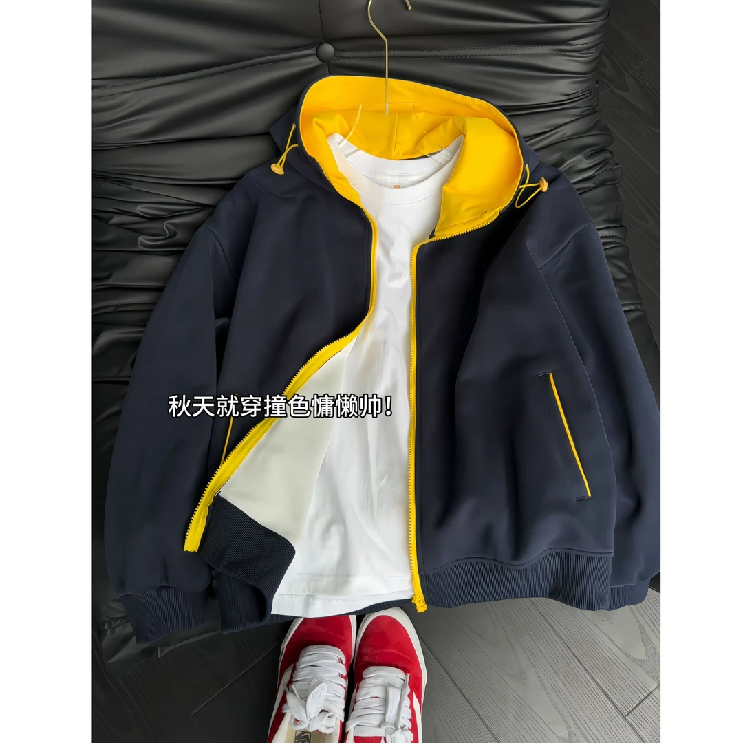 藏青色美式拼色连帽撞色卫衣秋季新款男大连帽潮牌情侣卫衣外套