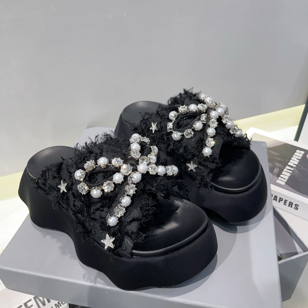 【小涵家】夏季新款欧洲站小众时尚重工水钻蝴蝶结【6cm】厚底拖鞋ins