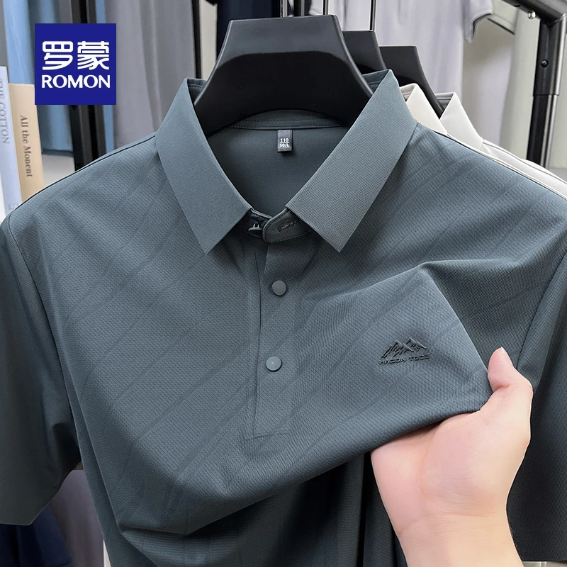 罗蒙高端冰丝无痕短袖t恤男士翻领夏季polo衫中年爸爸装2025新款