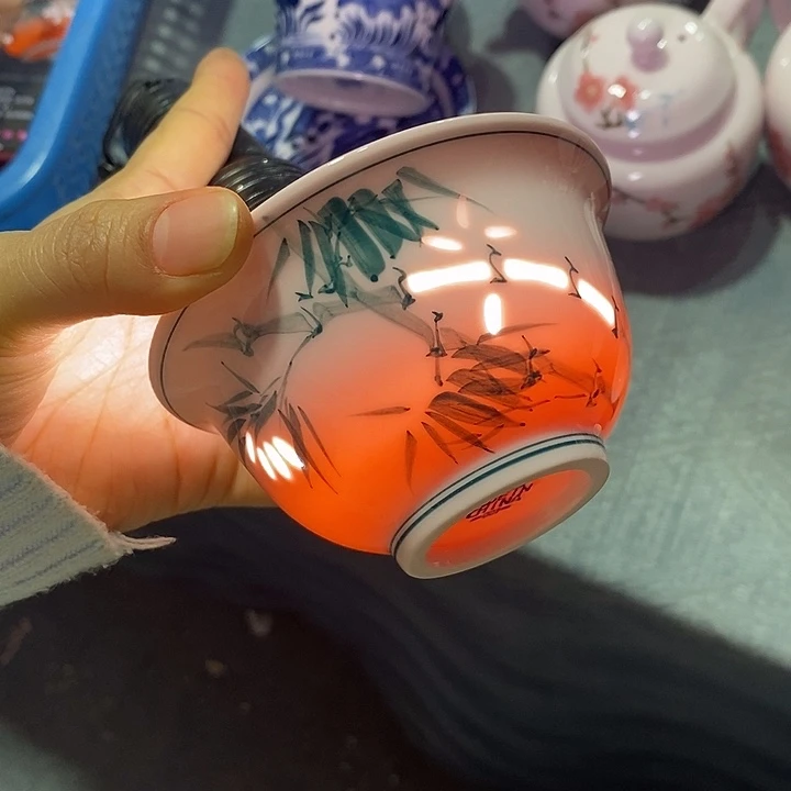 摆件陶红稀土竹子玲珑压手杯