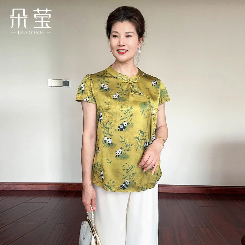 SL朵莹妈妈印花新中式上衣服洋夏季中老年女装国风t恤套装25A-58