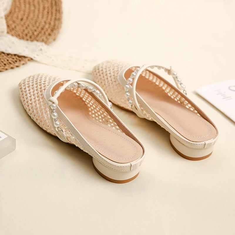 羊皮版~一脚蹬懒人低跟法式绝美镂空配裙子的包头半拖鞋女夏外穿