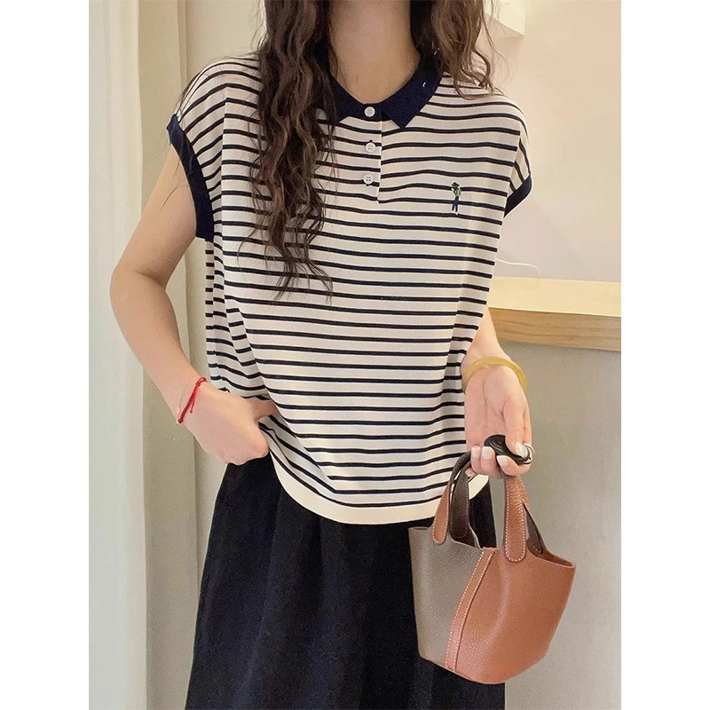 POLO领卡通刺绣条纹短袖T恤女薄款减龄百搭休闲上衣2025夏季新款