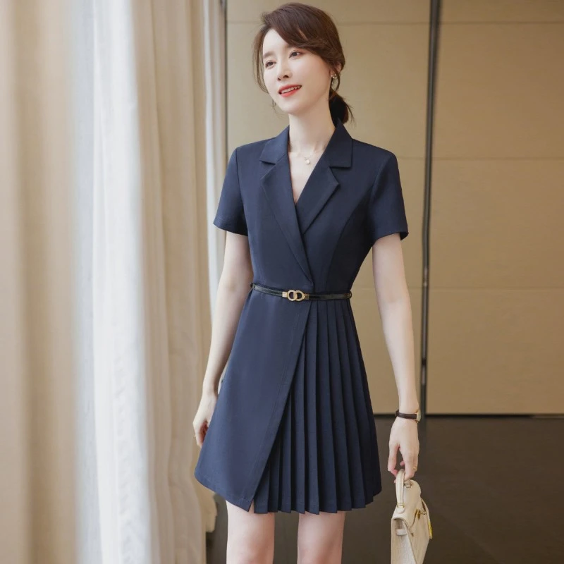 职业西装连衣裙女夏季高级感气质女神范百褶裙珠宝店美容院工作服