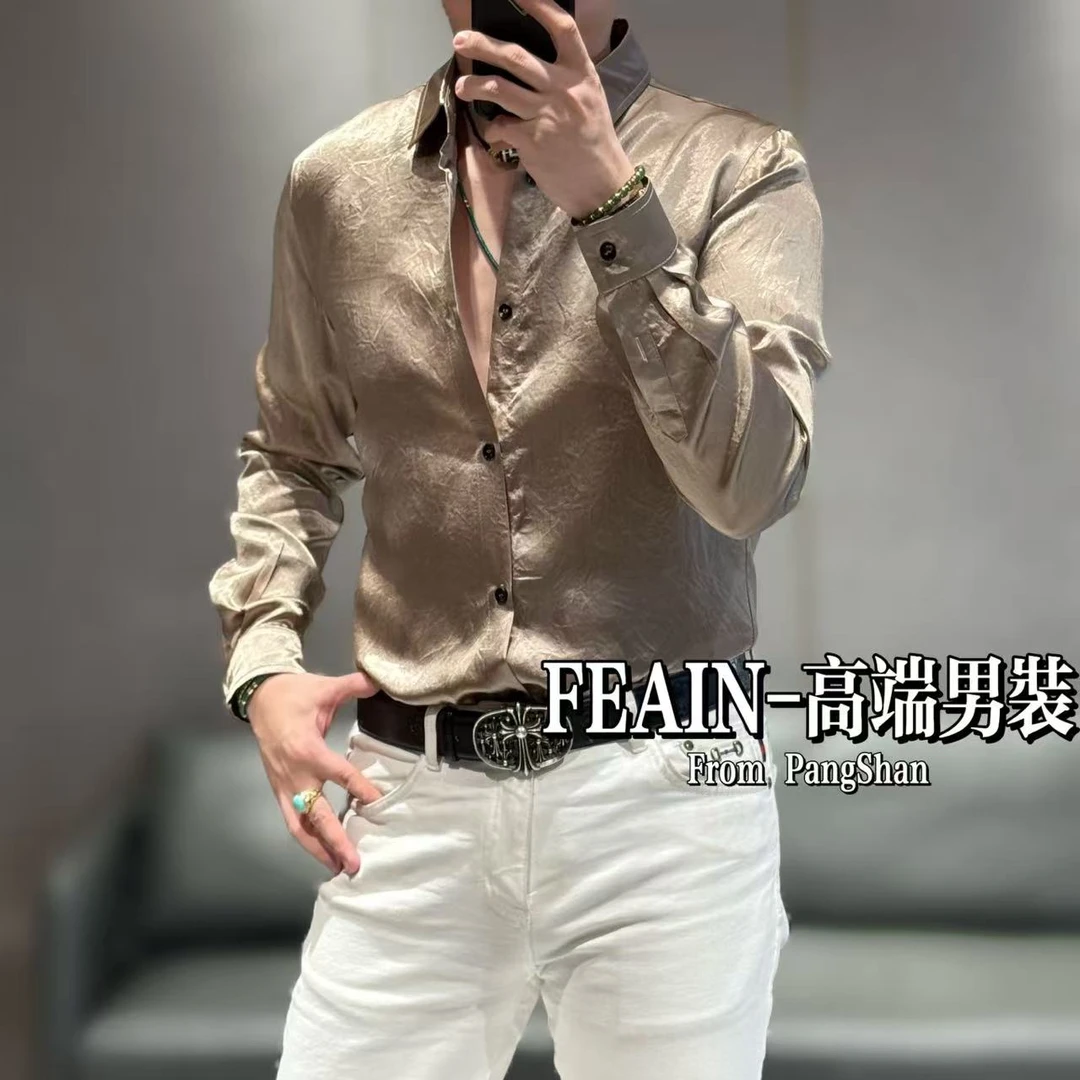 100进口醋酸高端男士大理石纹理立体修身裁剪工艺长袖衬衫8026