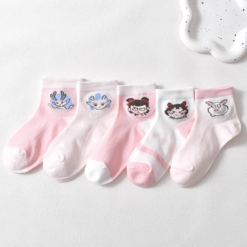 女童袜子春夏季中筒儿童卡通可爱学生宝宝透气网眼抗起球哪吒棉袜