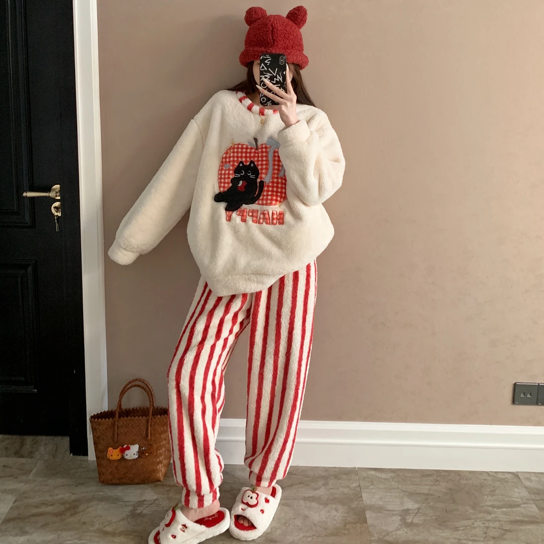 加绒加厚长毛绒睡衣女冬季红色猫咪保暖可爱学生珊瑚绒家居服套装