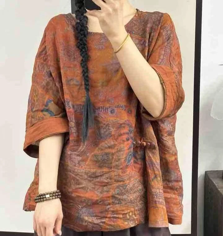 爱麻 夏季苎麻花色套头下摆开衩盘扣禅意小衫{衣长68 胸围136}