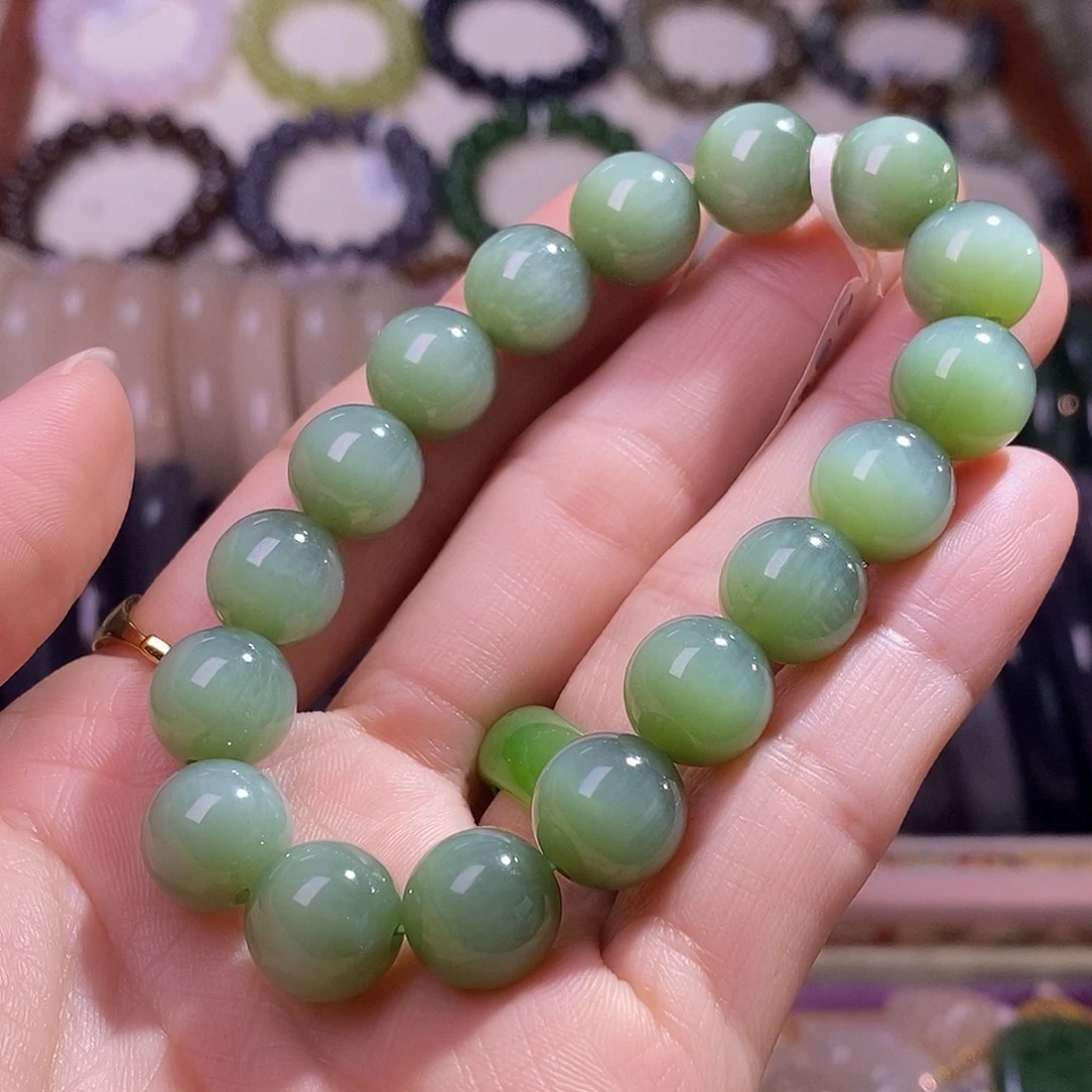 颈饰未镶嵌和田玉粉青碧玉猫眼12mm手串