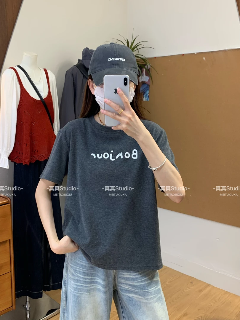 秋季风格2025秋新款时尚百搭圆领字母印花磨毛短袖T恤女上衣606