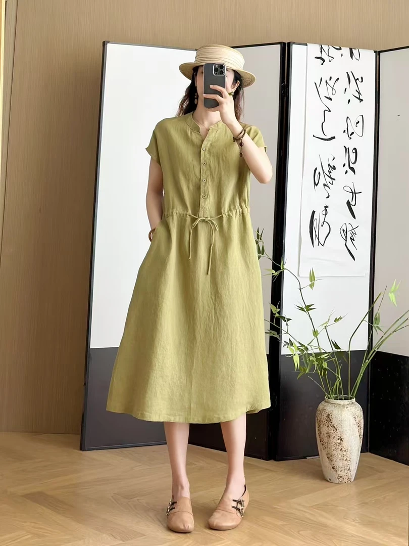 高级雨露亚麻连衣裙女夏季薄款简约风通勤宽松收腰显瘦短袖V领
