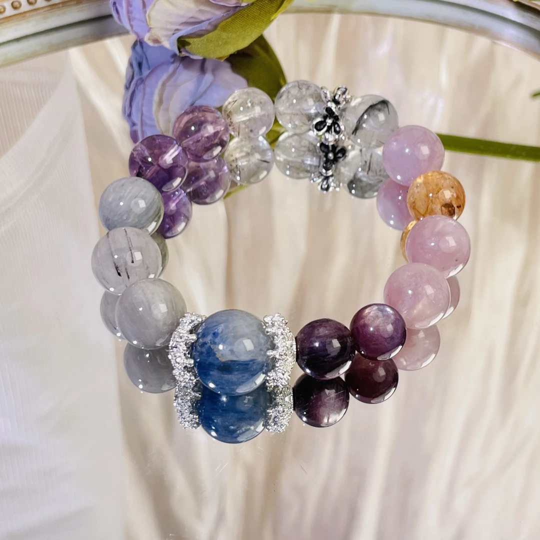 【有钱有业】紫水发晶蓝晶等水晶10mm手串面小仙多样性发其一Z