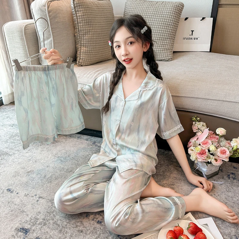 女童高端冰丝睡衣夏季2025新款儿童女孩薄款可外穿家居服短袖套装