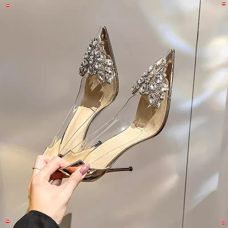 香港法式高跟鞋女2025春季新款细跟尖头亮法水晶蝴蝶结高跟鞋